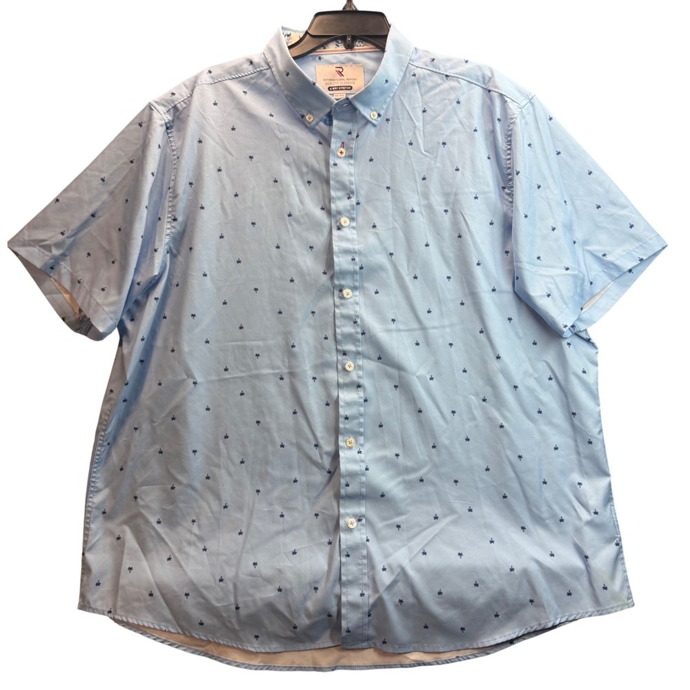 International Report Shirt Mens XXL Blue Palm Trees Print 4-Way Stretch Tropical